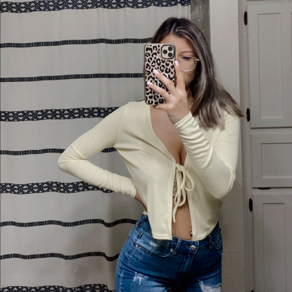 Yellow tie front cardigan top